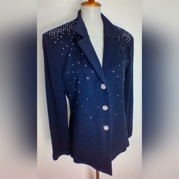 NAVY SILK KNIT BLAZER WITH RHINESTONES - Picture 1 of 8